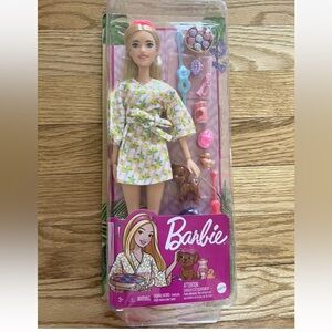 Barbie Spa Day Self Care Poseable Blonde Doll Bathrobe Puppy Dog Accessories New